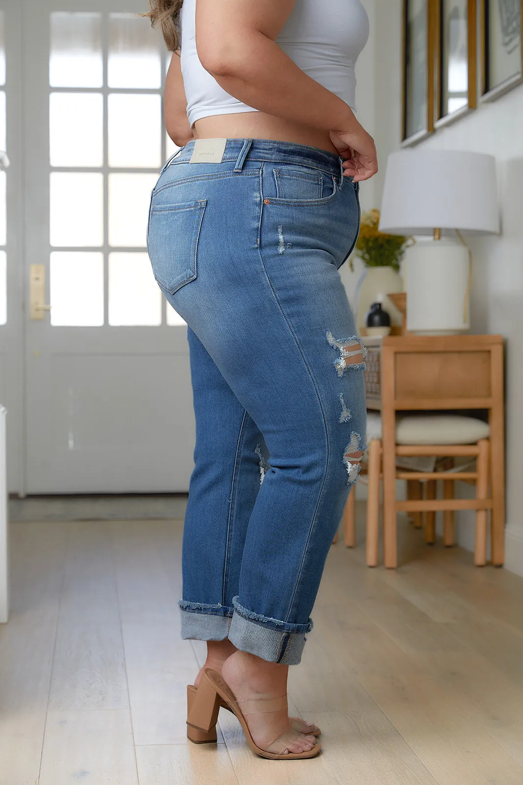High-Rise Distressed Straight Leg Jeans by Artemis