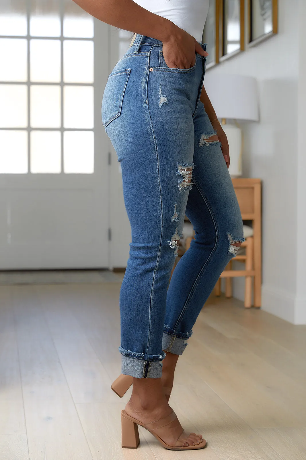 High-Rise Distressed Straight Leg Jeans by Artemis