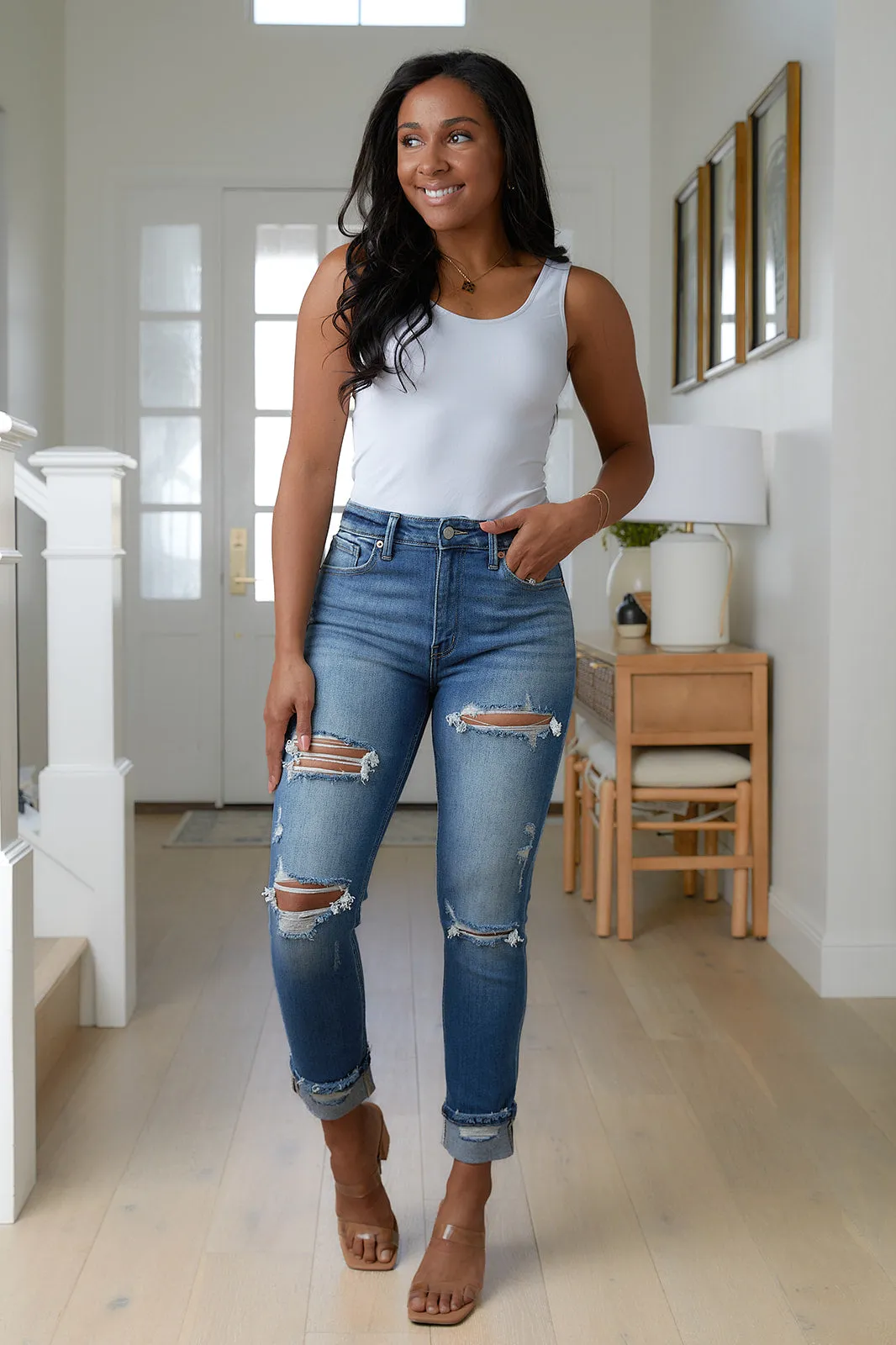 High-Rise Distressed Straight Leg Jeans by Artemis