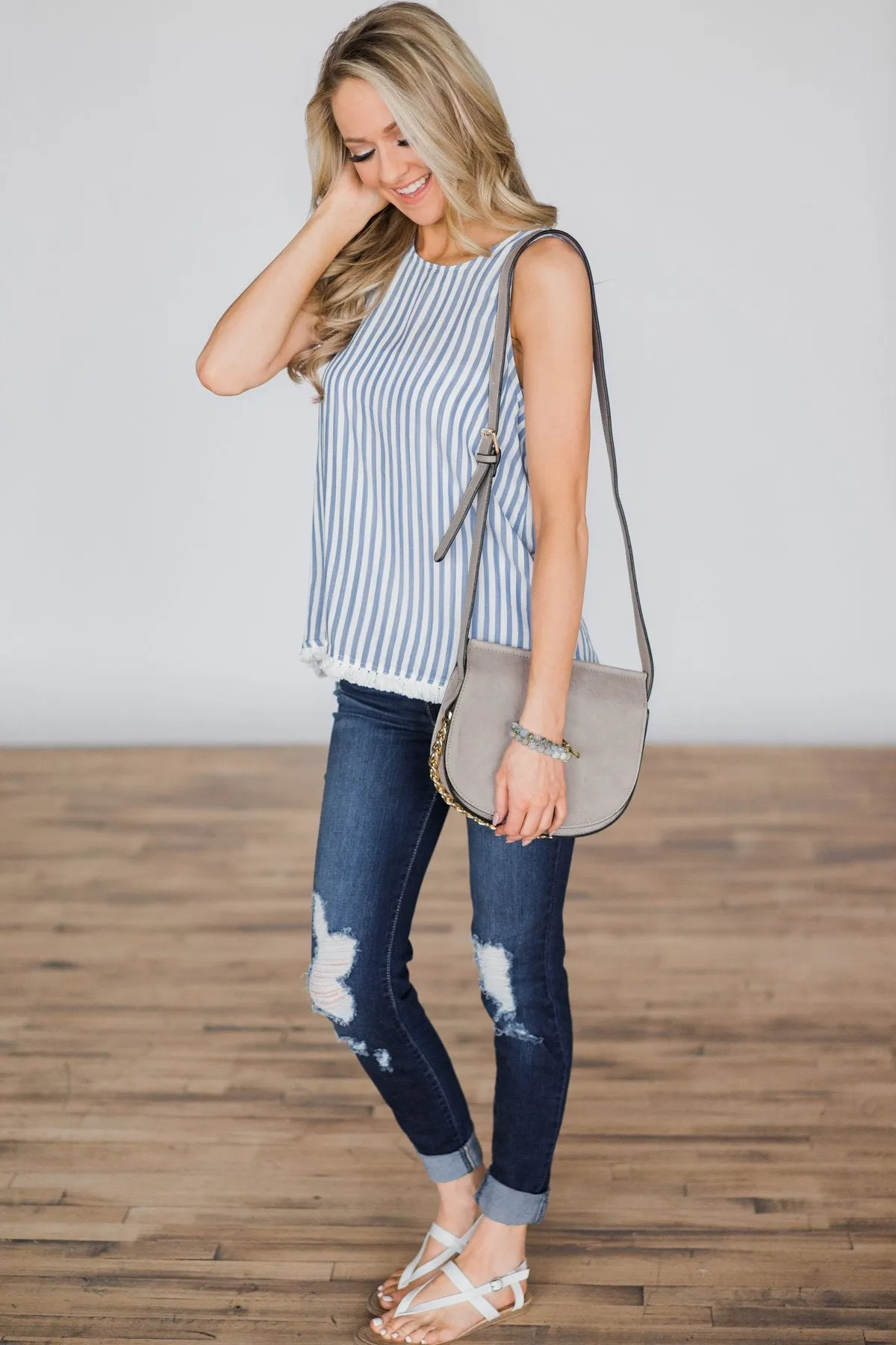 It Gets Sweeter Baby Blue Striped Tank Top