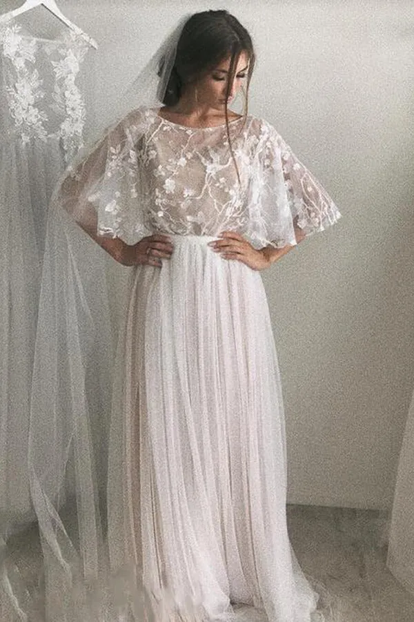 Ivory A-line Tulle Scoop Half Sleeves Lace Wedding Dresses with Train, SW392