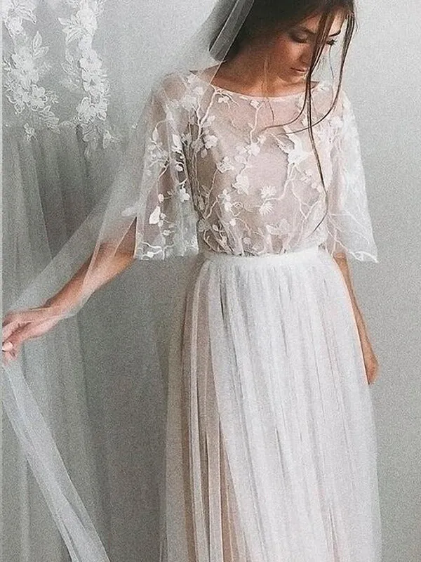 Ivory A-line Tulle Scoop Half Sleeves Lace Wedding Dresses with Train, SW392