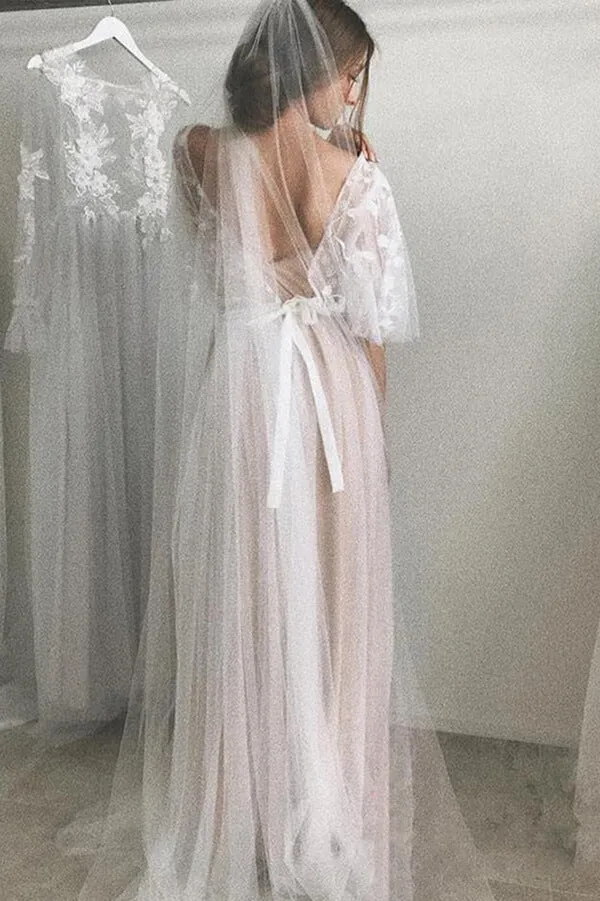 Ivory A-line Tulle Scoop Half Sleeves Lace Wedding Dresses with Train, SW392