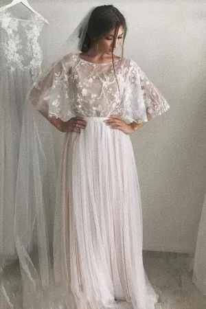 Ivory A-line Tulle Scoop Half Sleeves Lace Wedding Dresses with Train, SW392