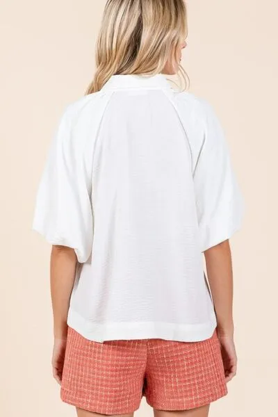 Ivory Short Bubble Sleeve Button Down Shirt