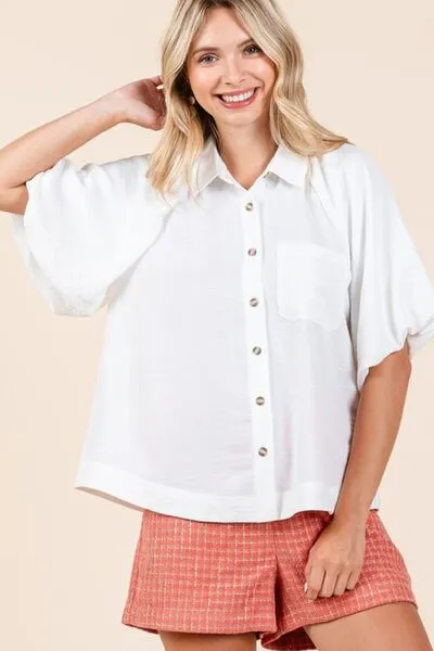 Ivory Short Bubble Sleeve Button Down Shirt