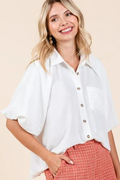 Ivory Short Bubble Sleeve Button Down Shirt