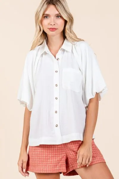 Ivory Short Bubble Sleeve Button Down Shirt
