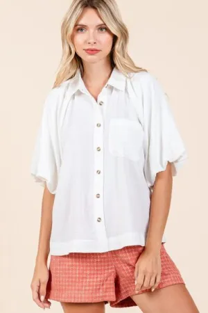 Ivory Short Bubble Sleeve Button Down Shirt