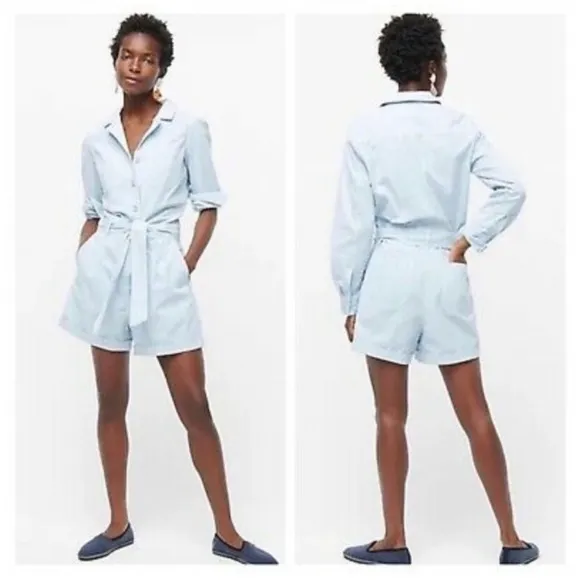 J. Crew Size 14 Foundry Chino Shorts Overalls Light Sky Blue Belted Relaxed Fit