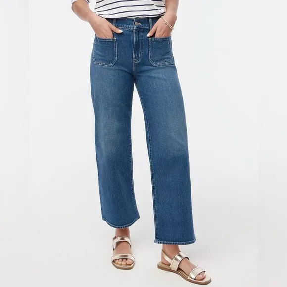 J.CREW Full Length Wide Leg Jeans Size 31 Dark Wash Patch Pocket Bohemian Retro