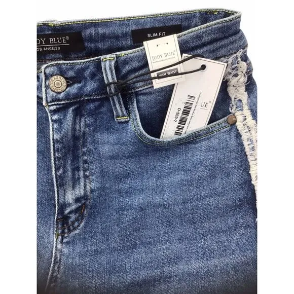 Judy Blue Jeans 7/28 High Rise Side Fray Slim Fit JB88461 Medium Wash New NWT
