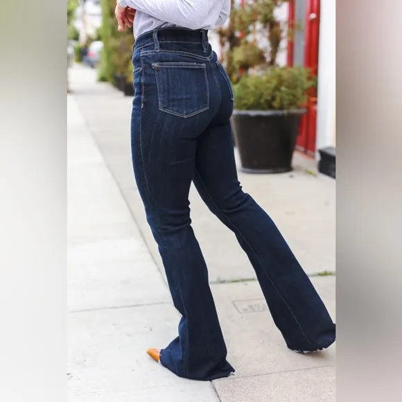 JUDY BLUE WOMEN'S HI WAIST RAW HEM  DARK WASH SUPER FLARE JEANS 5/27
