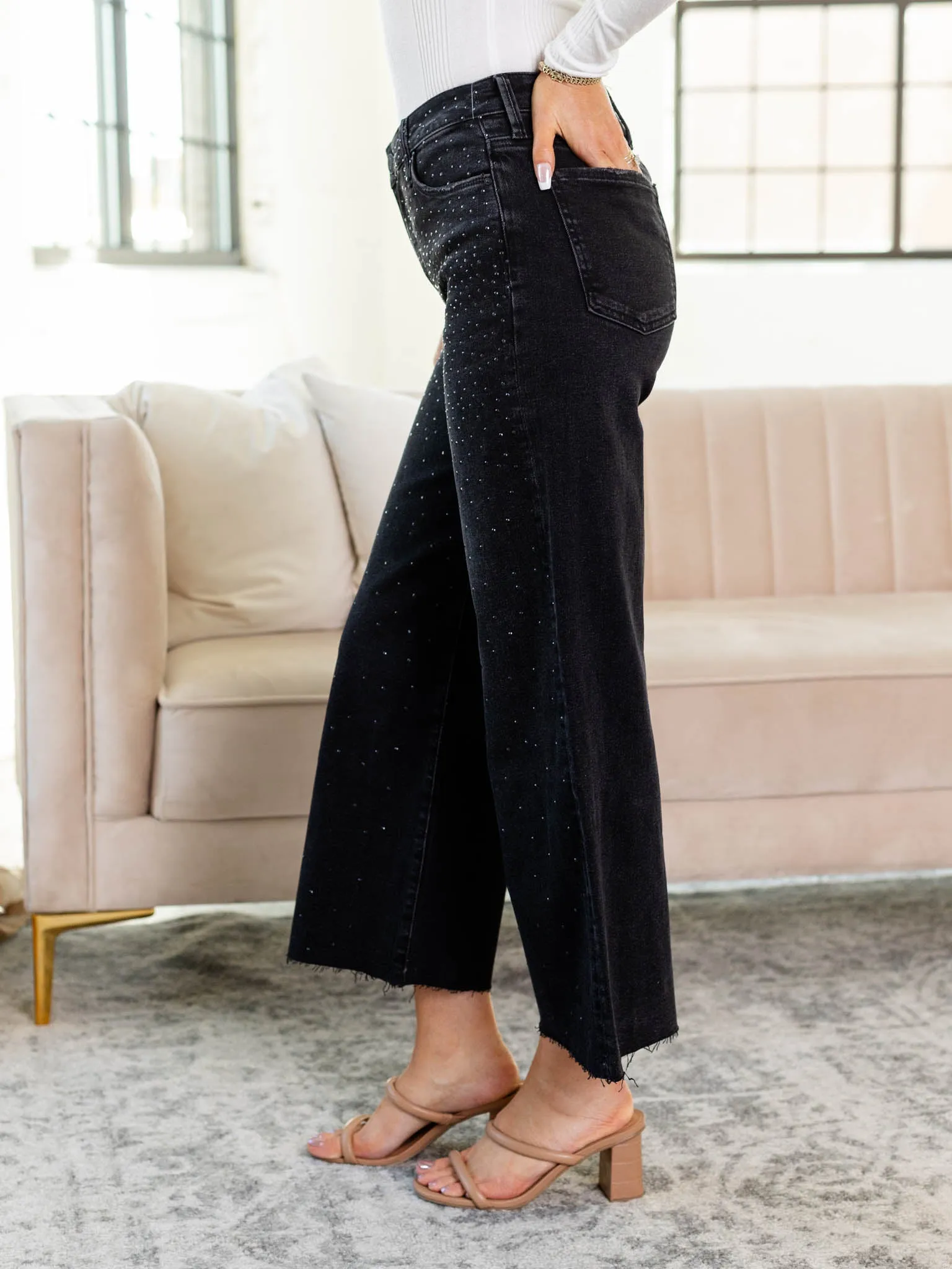 KUT Illuminated Meg High Rise Studded Raw Hem