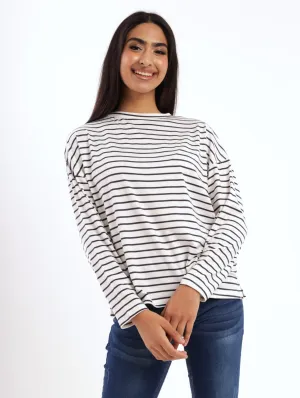 Ladies Long Sleeve Loose Striped Easy Tee - White/Navy