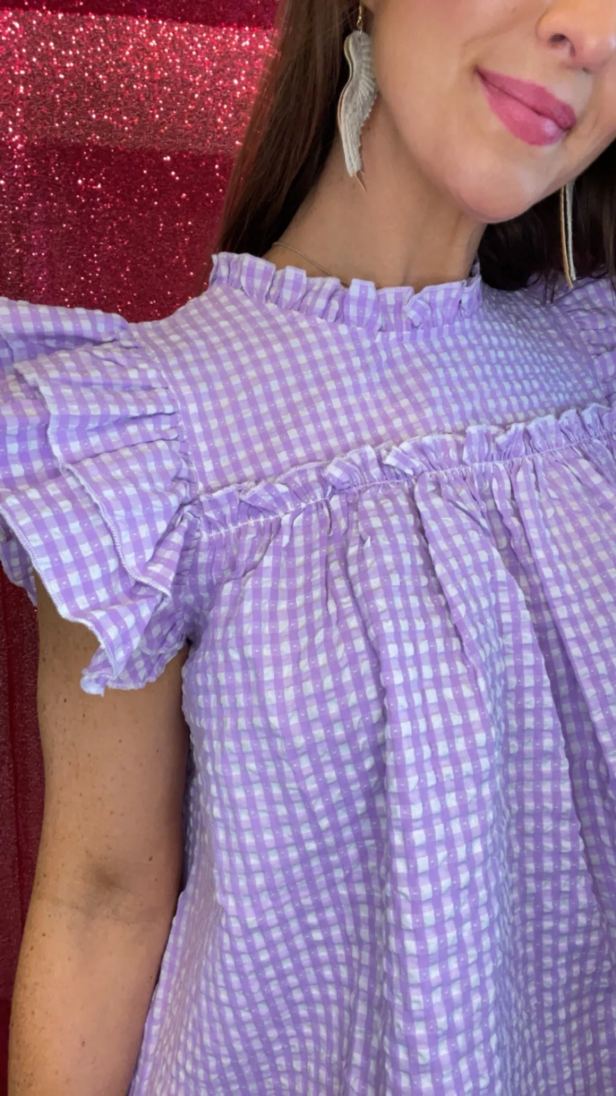 Lavender Gingham Ruffle Sleeve Top