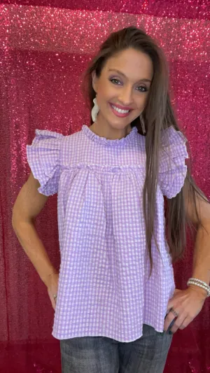 Lavender Gingham Ruffle Sleeve Top