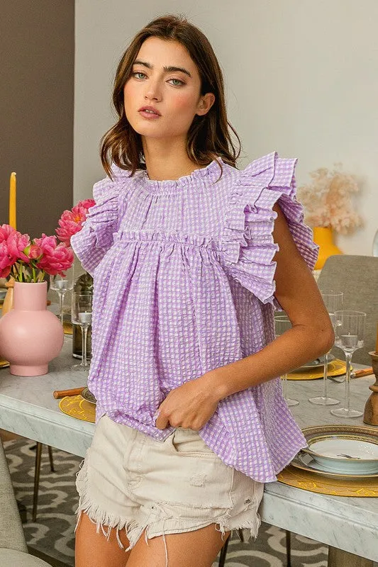 Lavender Gingham Ruffle Sleeve Top