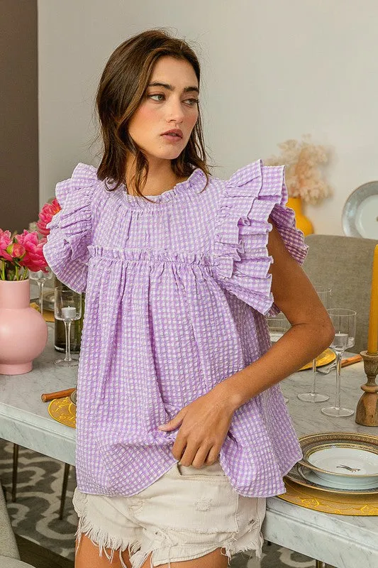 Lavender Gingham Ruffle Sleeve Top