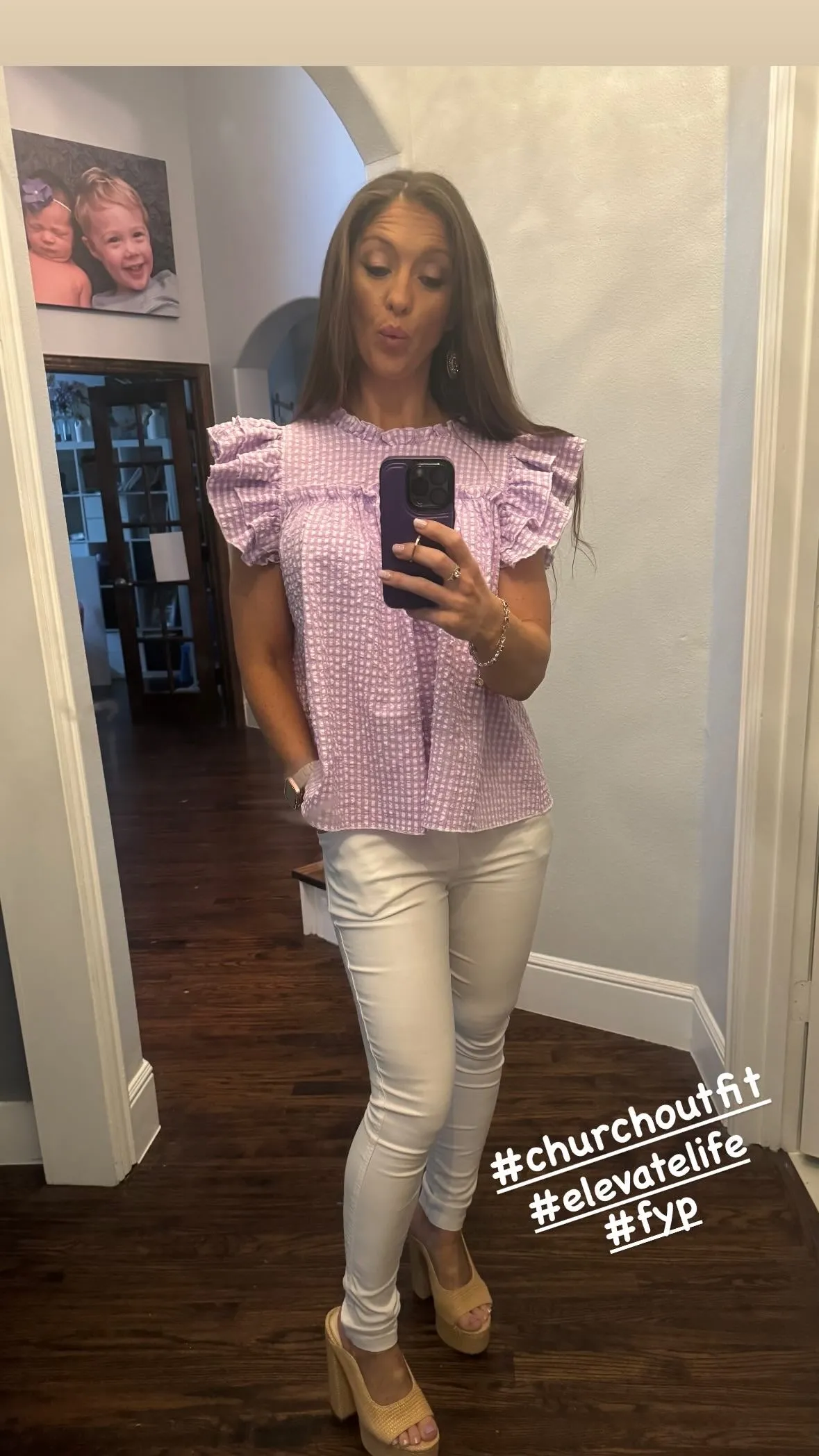 Lavender Gingham Ruffle Sleeve Top