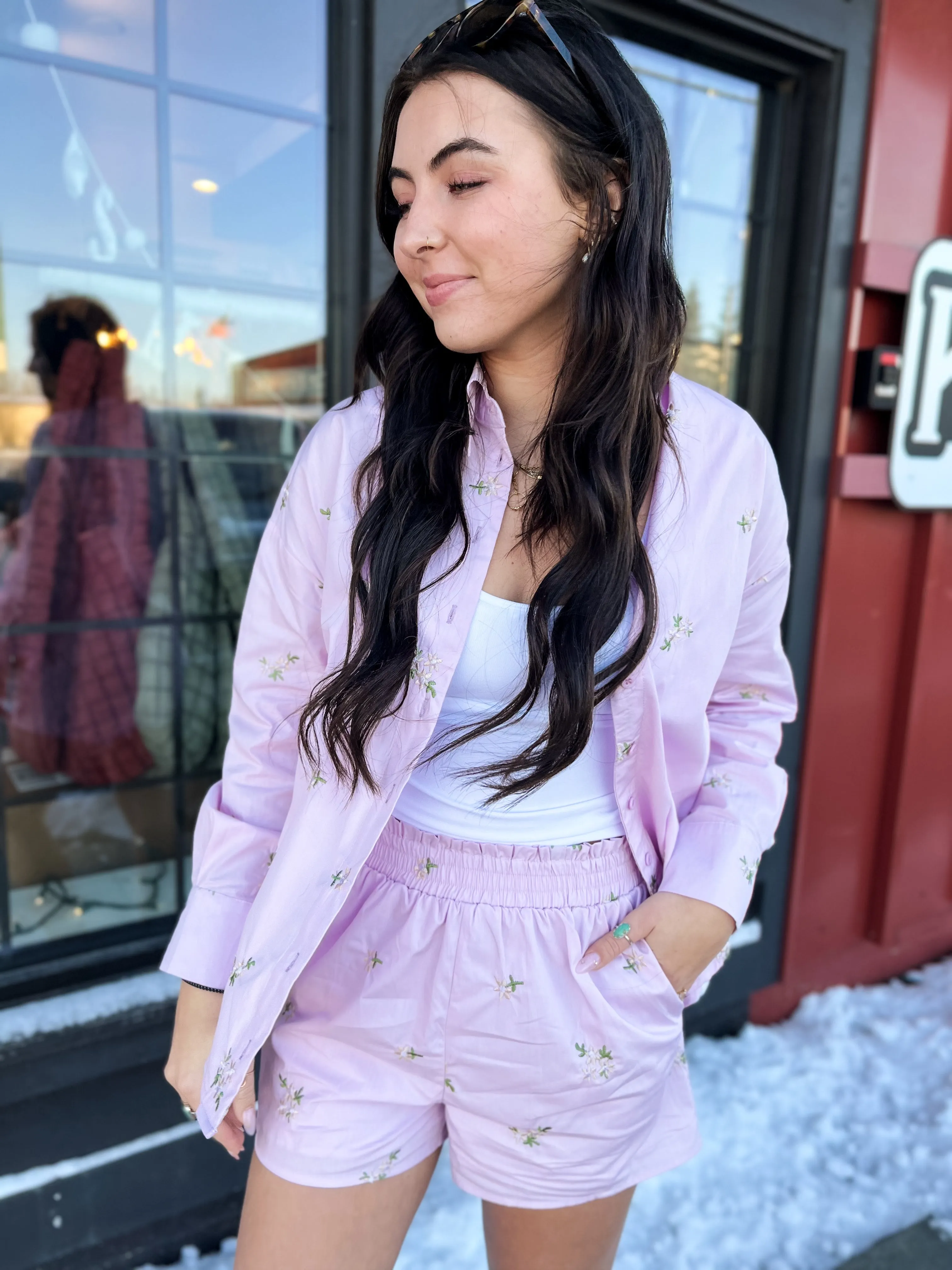 Layla Embroidered LS & Short Set- Lavender