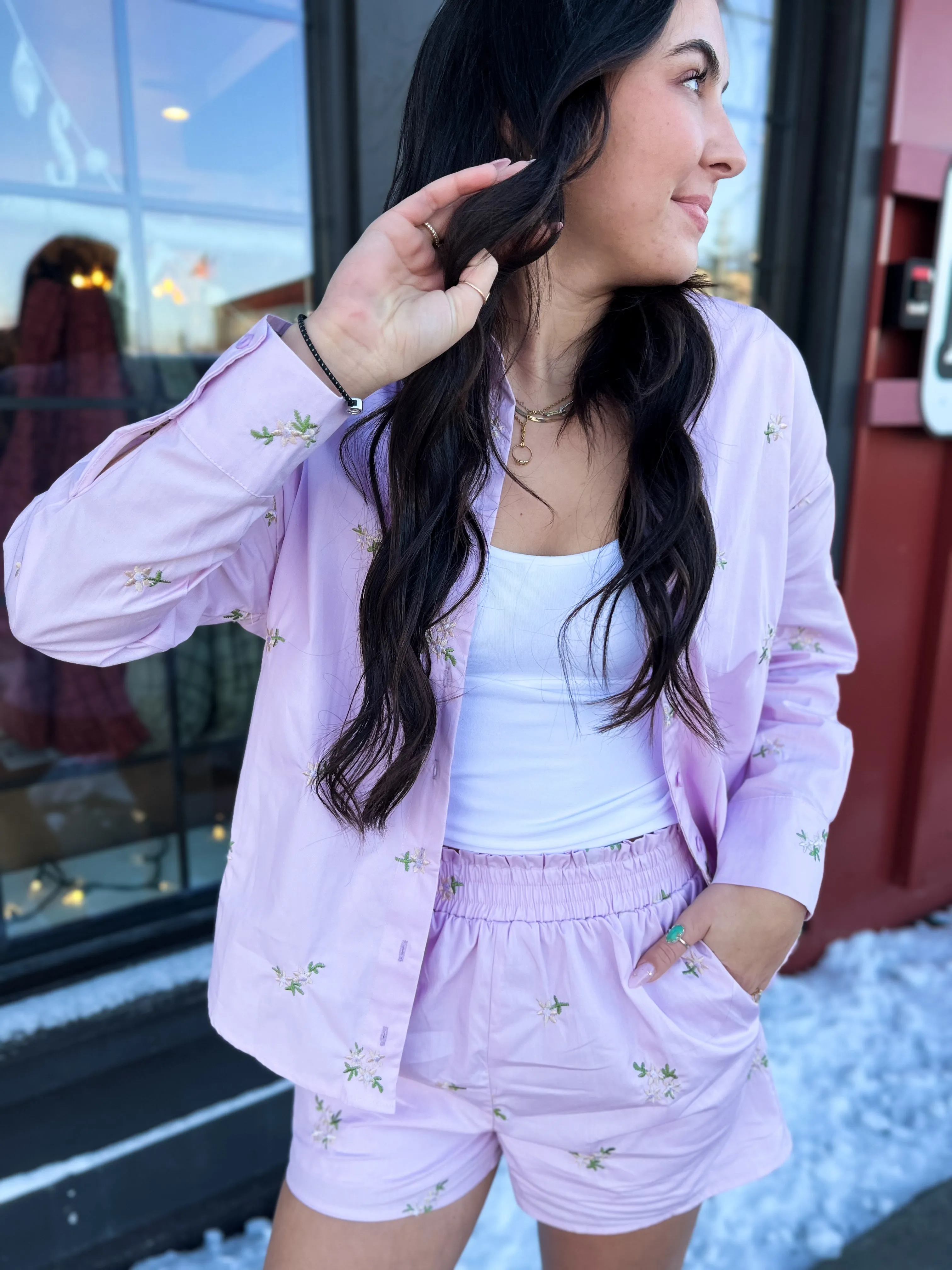 Layla Embroidered LS & Short Set- Lavender