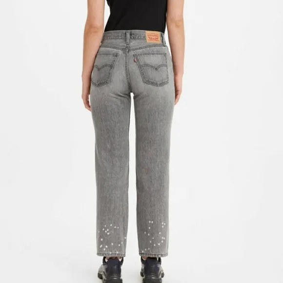Levis Womens Low Pro Straight Leg Gray Denim Jeans Size 29 Mid Rise Splatter Hem