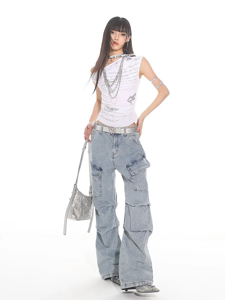 Light Wash Pleated Denim Cargo Pants