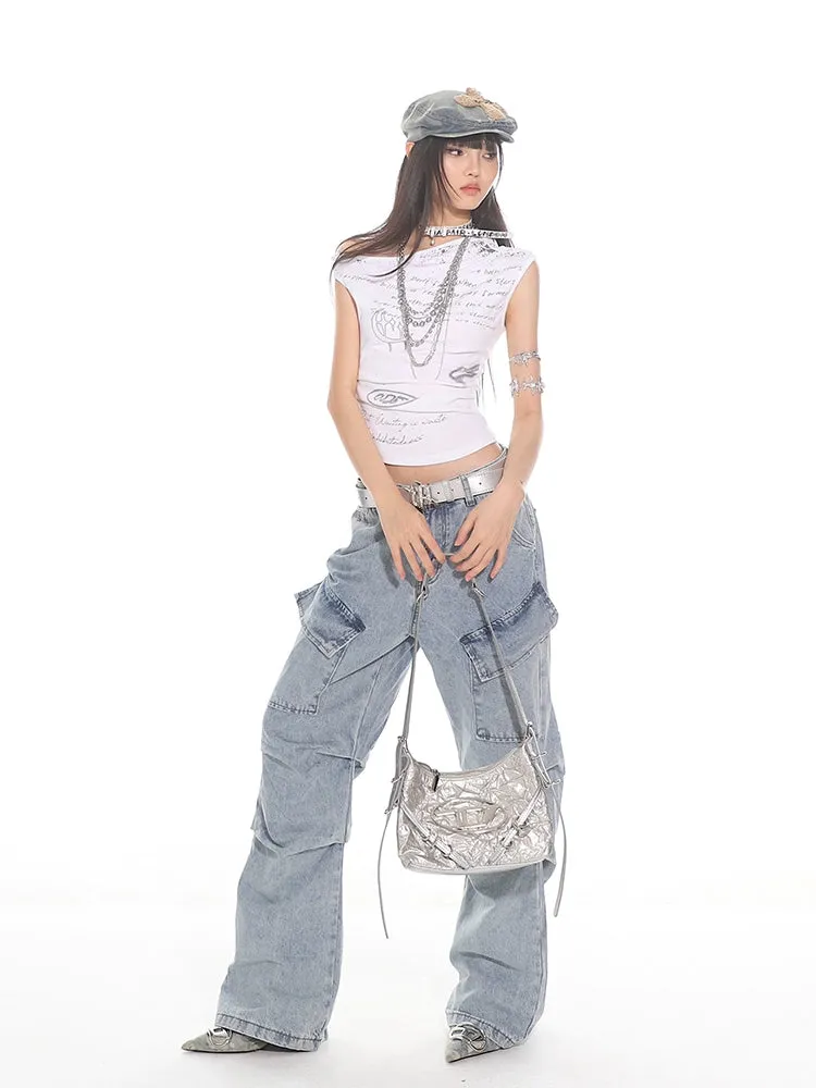 Light Wash Pleated Denim Cargo Pants