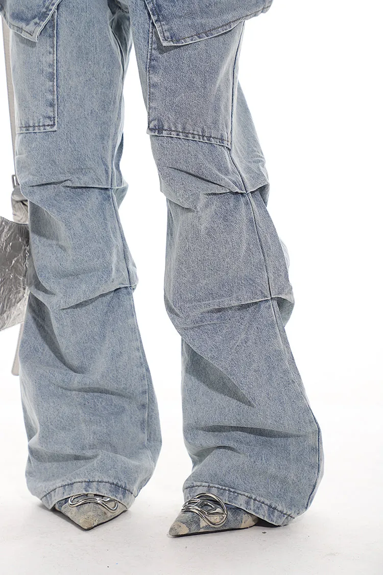 Light Wash Pleated Denim Cargo Pants