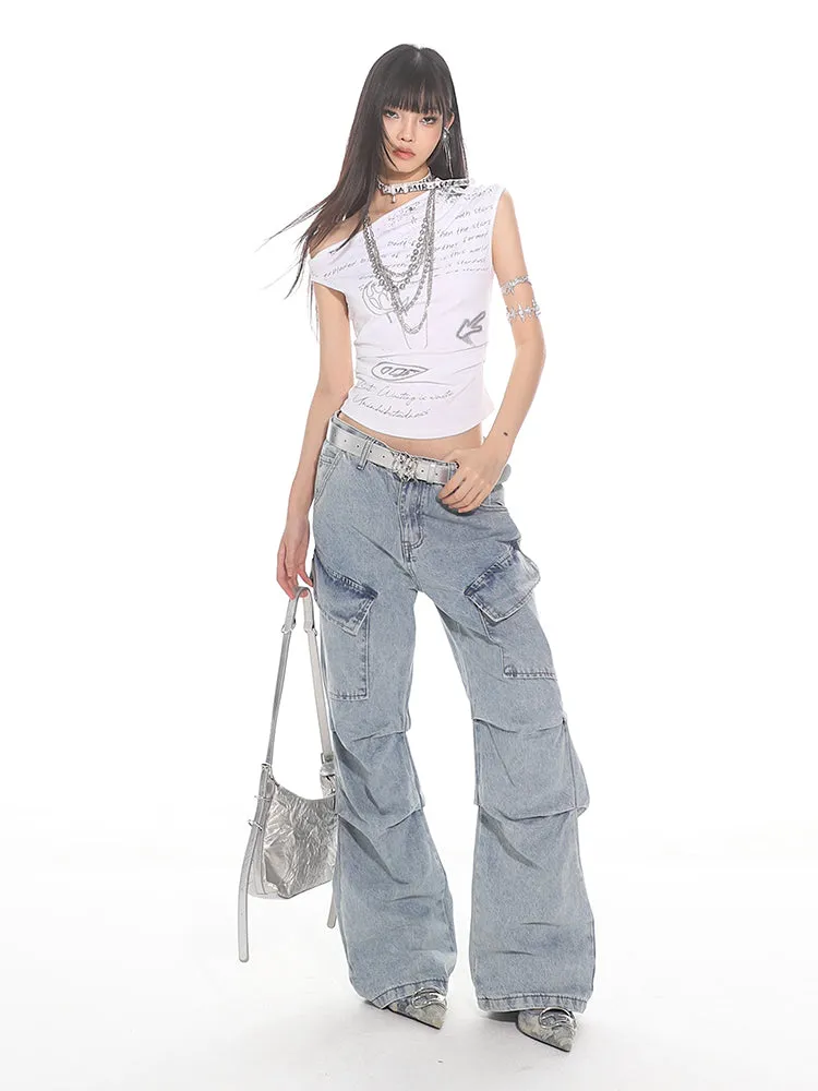 Light Wash Pleated Denim Cargo Pants