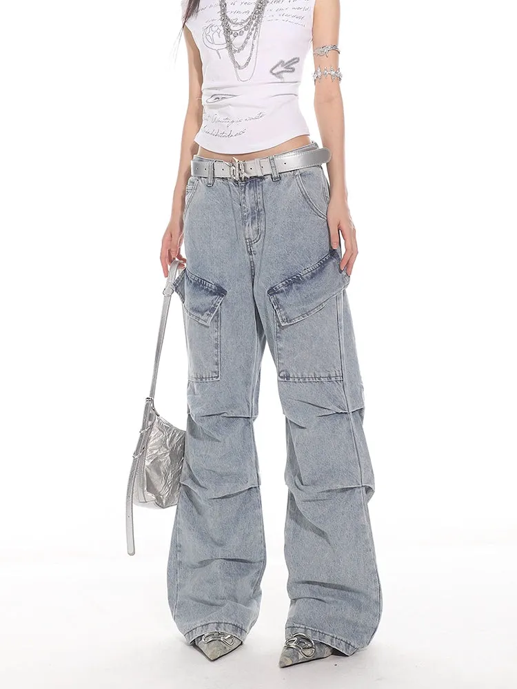 Light Wash Pleated Denim Cargo Pants