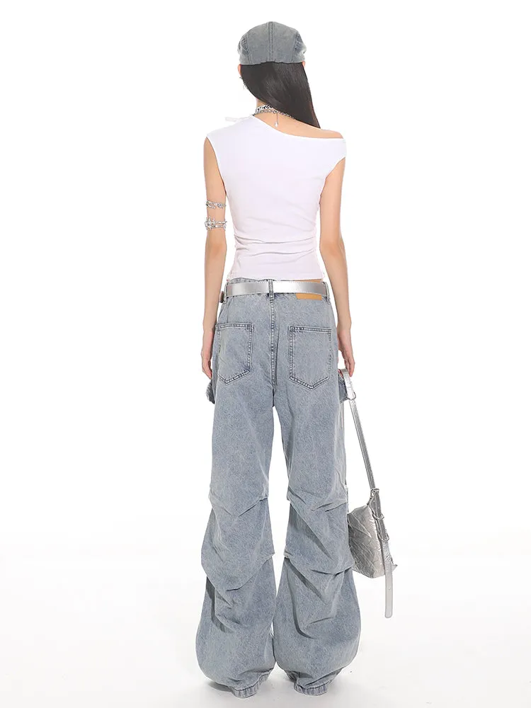 Light Wash Pleated Denim Cargo Pants
