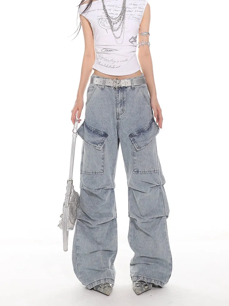 Light Wash Pleated Denim Cargo Pants