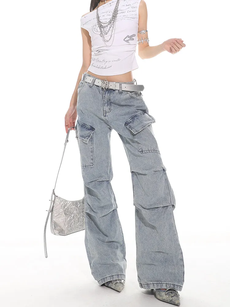 Light Wash Pleated Denim Cargo Pants