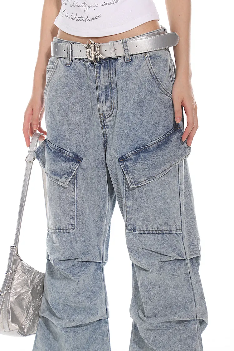 Light Wash Pleated Denim Cargo Pants