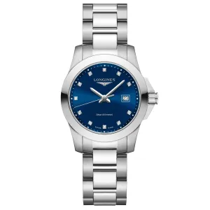 LONGINES CONQUEST 29.5mm Watch Blue Diamonds Steel Quartz L3.376.4.97.6