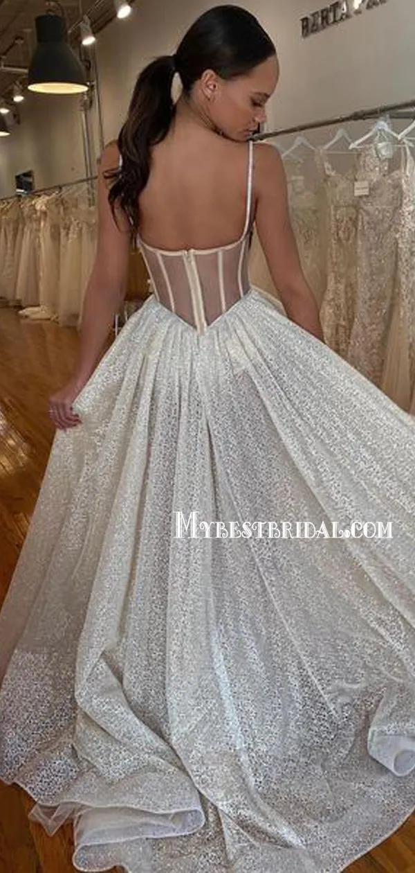 Lovely Spaghetti Straps Side Slit Long Wedding Dresses,WDS0125