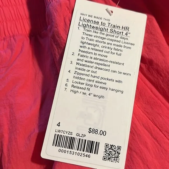 Lululemon License to Train High-Rise Short 4&quot; glazed pink size‎ 4 NWT