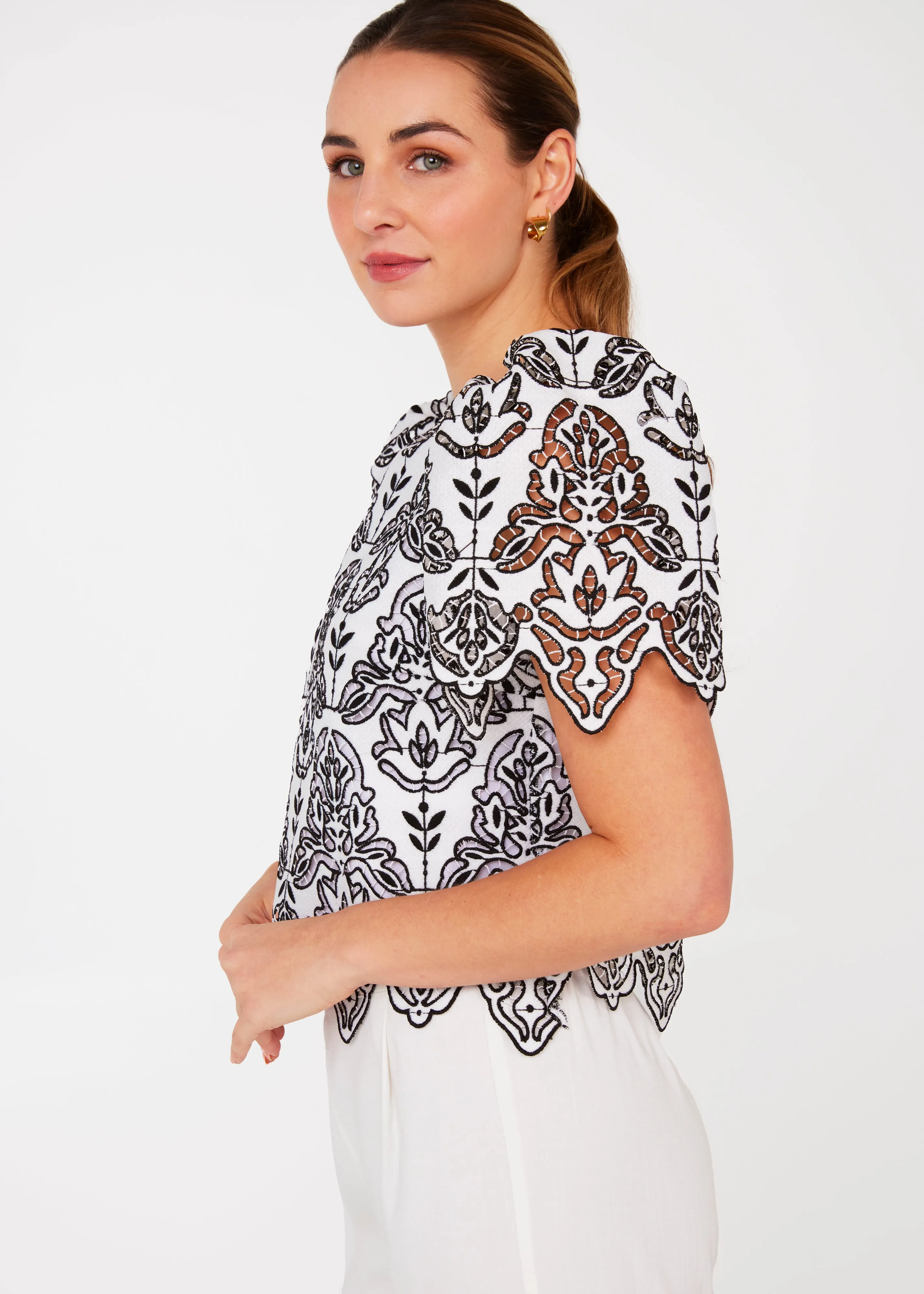 Marty Crop Top Black & White Ironwork Geo Lace