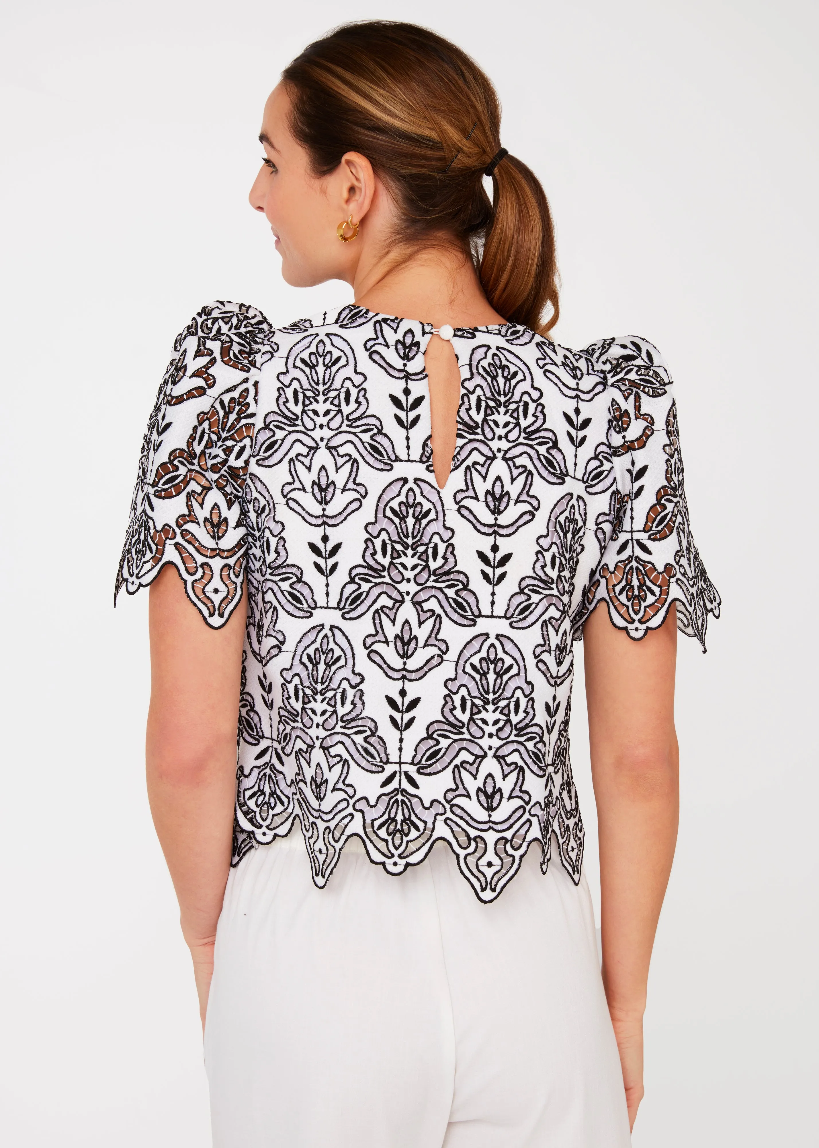 Marty Crop Top Black & White Ironwork Geo Lace