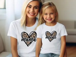 Matching Mini & Mama Mummy Personalised T-Shirts leopard heart - Various Colours