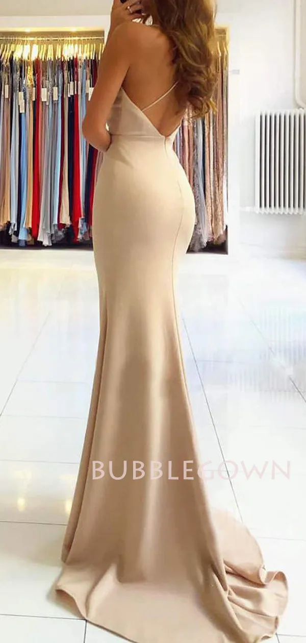 Mermaid Champagne Stretch Satin Spaghetti Straps Long Evening Prom Dresses, Cheap Custom Prom Dresses, MR7499