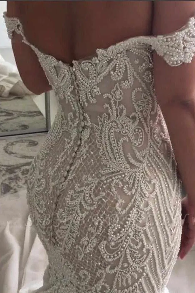 Mermaid Off-the-shoulder Floor Length Applique Beading Wedding Dress
