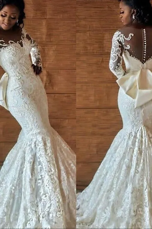 Mermaid Round Collar Long Sleeves Backless Floor Length Charmeuse Applique Wedding Dress