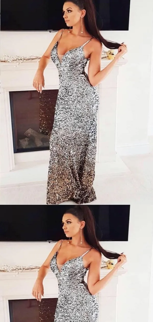 Mermaid Spaghetti Straps Silver sequin Long Prom Dresses,Cheap Prom Dresses,PDY0510