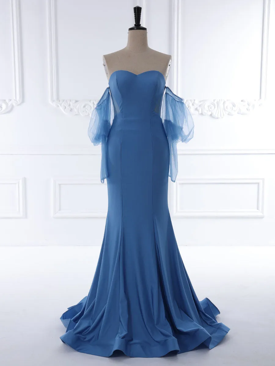 Mermaid Sweetheart Sweep Train Jersey Blue Prom Dresses #18121