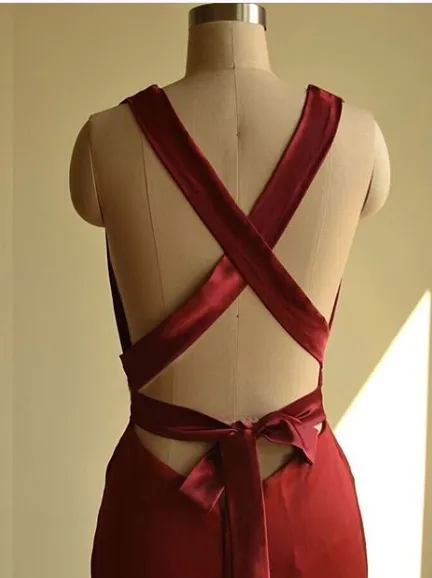 Mermaid V-neck Burgundy Satin Long Prom Dresses ,Cheap Prom Dresses,PDY0449