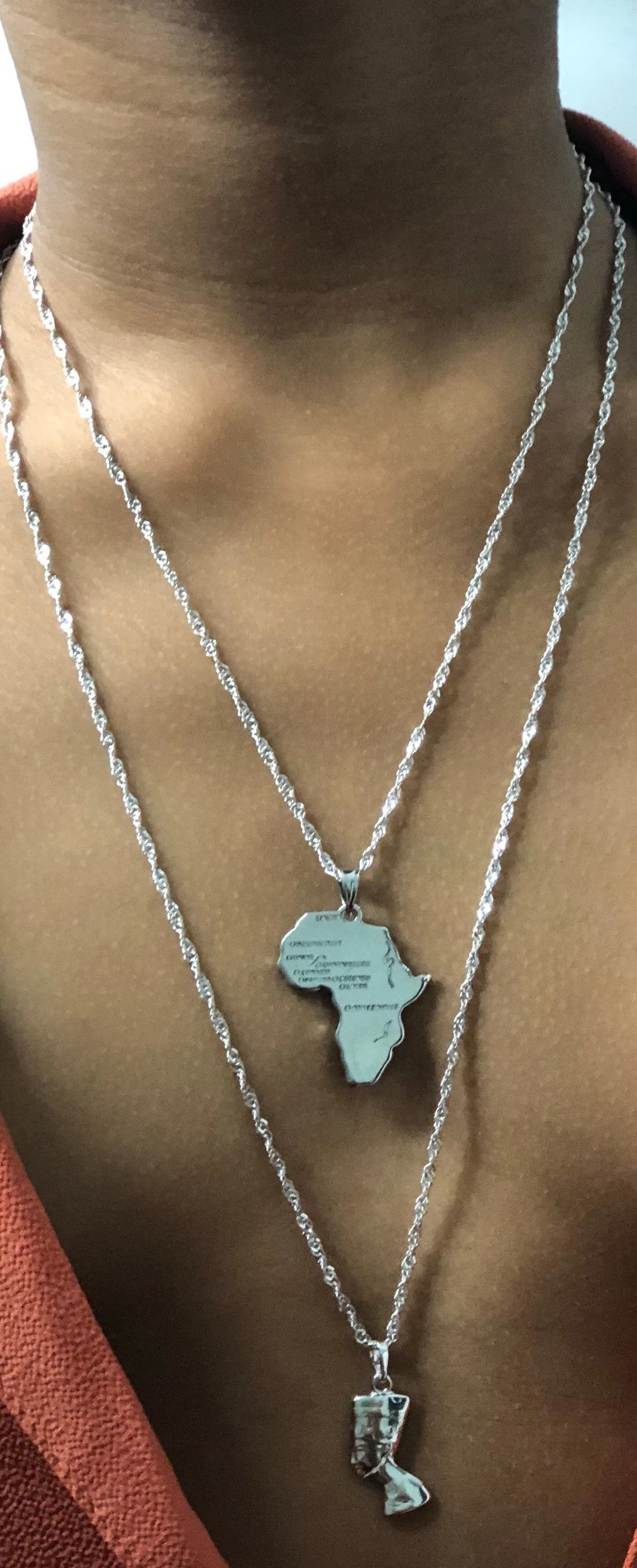 Mini Nefertiti and mini africa necklace SET silver, nefertiti necklace , nefertit pendant , silver africa map mini necklace charm