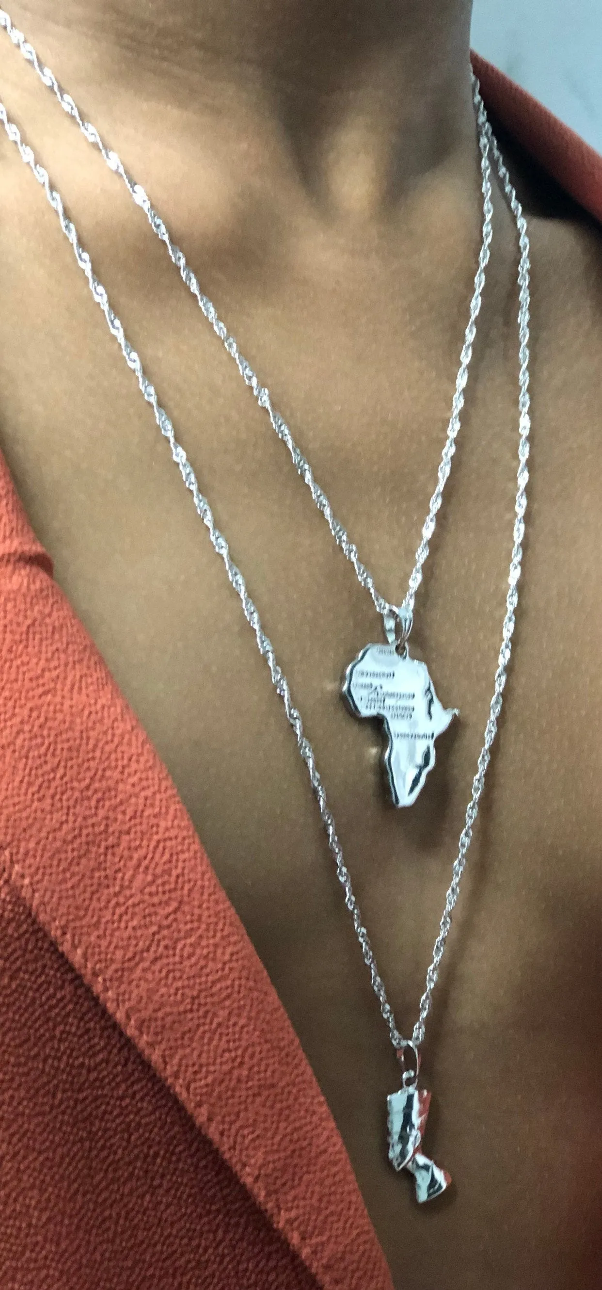 Mini Nefertiti and mini africa necklace SET silver, nefertiti necklace , nefertit pendant , silver africa map mini necklace charm